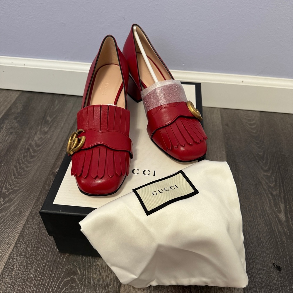 Gucci Red Heeled Loafers with Gold Accent